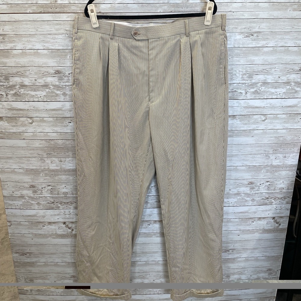 Milano Roma Lineage Mens 42x32 Pants Tan Pinstriped Trousers Pleated‎ Cuffed